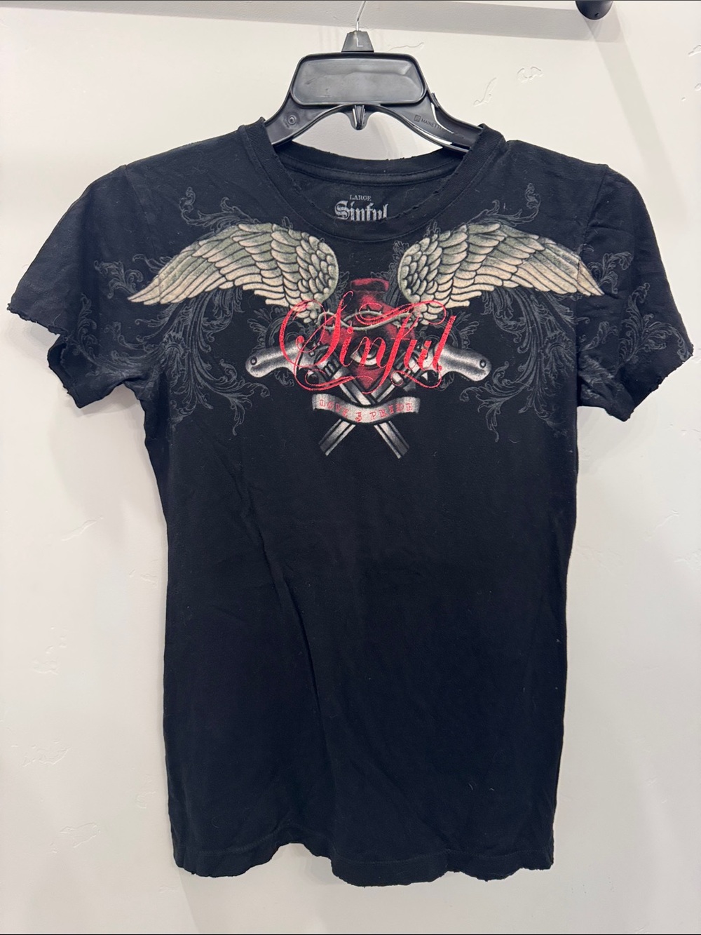 Sinful Black Graphic Winged Crest Tee with Red Script